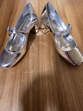 Larroude Silver Mary Jane Block Heel Pumps